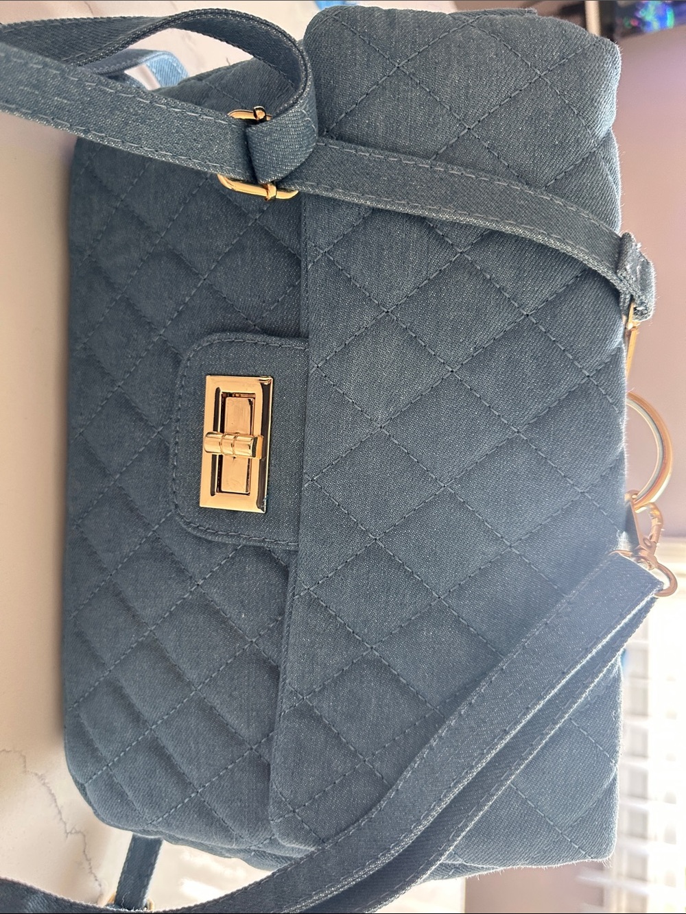 Quilted Denim Crossbody Bag - Blue